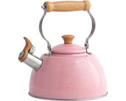Waterkoker inductie, fluitketel voor alle soorten kachels, roestvrijstalen theeketel camping met houten handvat, cool-touch handvat theepot vintage voor thee koffie, keramische kookplaat, gas, elektrisch fornuis 1,5L roze