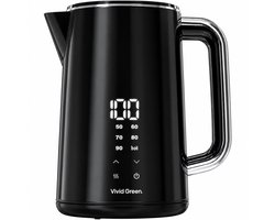 Waterkoker met Temperatuurregeling - 1,7L - Warmhoudfunctie - Dubbelwandig - Cool-touch - Elektrisch - 2200W - RVS - Zwart - Vivid Green