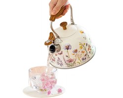 Waterkoker - Waterkoker retro - Roestvrijstalen Fluitketel 3L met Bloemenprint - Ergonomische Handgreep - Geschikt voor Alle Kookplaten incl. Inductie - 22.5 x 19.8 cm