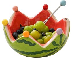 Watermeloen-vormige keramische fruitschaal met 6 roestvrijstalen vorken, decoratieve bakken voor snacks en voorgerechten, rood-groene kleurcombinatie, afmetingen: 7x5.5x3.5 inch