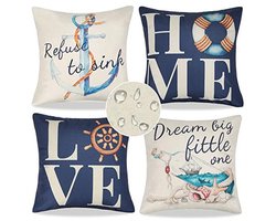 Waterproof Outdoor Cushion Covers Blue White 40x40cm Set of 4 Geometric Navy Linen Cushion for Garden Patio Front Construction Balcony Sofa Cushion Decoration