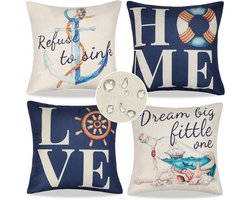 Waterproof Outdoor Cushion Covers Blue White 40x40cm Set of 4 Geometric Navy Linen Cushion for Garden Patio Front Construction Balcony Sofa Cushion Decoration