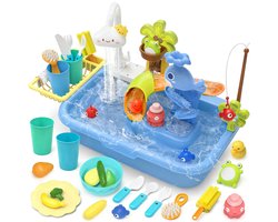 Watertafel speelgoed - Speelkeuken met stromend water en elektrische kraan - Drijvend badspeelgoed en rollenspel voor peuters - Keuken aanrechtje voor jongens en meisjes - Blauw