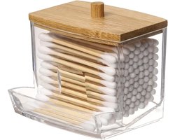 Wattenstaafjes houder - opbergdoosje - decoratief - oorstaafjes houder - acryl houder met houten deksel - wattenstaafjes dispenser - IXEN