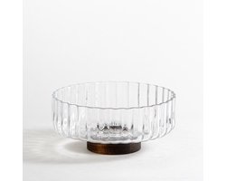 Wave glazen schaal met acacia houten onderkant - M