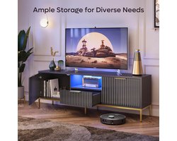 WaveLux LED TV-Meubel 140 cm voor 55-60 Inch TV - Hoogglans Zwart Design met Golfpatroon, Opbergruimte, Lade & Kastdeuren, Moderne Entertainment Center met Verlichting