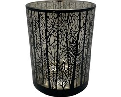 Waxinelicht bos bomen zwart theelichthouder windlicht glas rond 12,5 x 10 cm | HSH405664 | Stoer & Sober Woonstijl