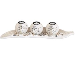 waxinelichthouder set - bladvormige schaal - sierstenen - sfeervolle tafeldecoratie - beige - wit