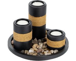waxinelichthouders - dienblad en steentjes - Ø 19,5 cm - tafeldecoratie woon- en eetkamer - zwart