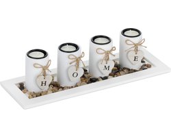 waxinelichthouders - met dienblad en steentjes - 39,5 cm lang - tafeldecoratie woonkamer - wit
