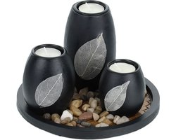 waxinelichthouders - plateau en siersteentjes - Ø 19,5 cm - tafeldecoratie woonkamer - zwart/bruin