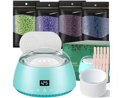 Waxverwarmer set met LCD-display, siliconen schaal, Waxing Kit 400g waxparels, 20 houten spatels, 10 papieren strips, Wax ontharingskit voor thuis（Blauw）