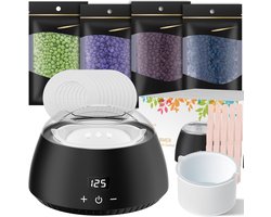 Waxverwarmer set met LCD-display, siliconen schaal, Waxing Kit 400g waxparels, 20 houten spatels, 10 papieren strips, Wax ontharingskit voor thuis（Zwart）