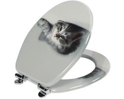 Wc-bril-Toiletbril met automatische neerlaatfunctie- softclose scharnier- stabiel en wiebelt niet- MDF-Kattenpatroon - grijs