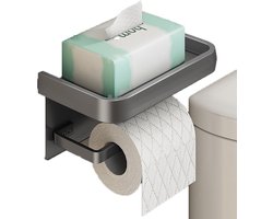 WC Rolhouder - Met Plankje - RVS - Sterk Draagvermogen - Draagbaar - Waterbestendig - Zelfklevend / Boren - Toiletrolhouder - WC Papier Houder - Bakje - Grijs - Incl.Schroeven - Makkelijk Te Installeren