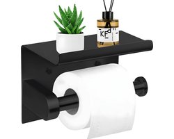 WC Rolhouder met Plankje - Zwart - 3M Zelfklevend - Toiletrolhouder zonder Boren, Schoeven - WC Papier Houder met Plakmontage