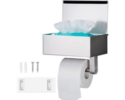 wc-rolhouder - met vochtige doekjesbox - Roestvrij staal - zonder boren - 20L x 14B centimeter - Geborsteld - zilver