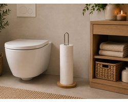 WC Rolhouder – Toiletrolhouder Vrijstaand - wc rolhouder staand – Metaal en Hout – 42 cm Hoog – Voorraadhouder Toiletpapier - Bruin