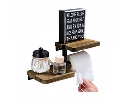 Wc rolhouder-Wc rol houder-Dubbele toiletrolhouder met plank - 2-laags houten wandgemonteerde zelfklevende papierrolhouder - Geschikt voor badkameraccessoires en decoratie
