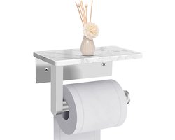 Wc rolhouder-Wc rol houder-Toiletrolhouder van geborsteld nikkel - met plank van natuurlijk marmer - schroefbevestiging aan de muur - toiletrolhouder - voor badkamer