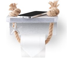 WC rolhouder-WC rol houder-Vintage Toiletrolhouder-Toiletrolhouder met Henneptouw - Handdoekrek nautisch touw met een witte plank - Moderne badkamerinrichting - Handdoekhouder van hout