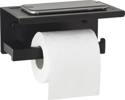 WC Rolhouder Zwart met Plankje - Toiletrolhouder met Planchet - WC Papier Houder - RVS - S.old