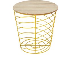 WDMT Metalen Draadmand Bijzettafel met Houten Blad - ø 40 x 40,5 cm - Ronde Opbergtafel - Stijlvol Koffietafel - Praktische Opbergruimte - Salontafel - Plantentafel voor binnen Rond - Tafel - Geel