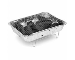 WDMT Wegwerpbarbecue 31 x 25 cm – Complete Eenmalige BBQ met Houtskool en Grillrooster – Draagbare Tafelbarbecue voor Camping, Festival, Strand, Picknick & Vakantie – Zilver