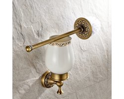 Weare Home Koperen toiletborstel en keramische glazen vorm houder set met insnijding, minimalistisch klassieke badkamerset retro solide klassieke bronzen coating wandmontage duurzame badkameraccessoires badkameruitrusting