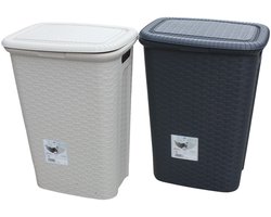 Weave - Wasmanden - Wasmand - Wasmand Met Deksel - Hoog Model – 53 Liter – Set van 2 stuks - Donkergrijs & Crèmekleurig – Stevig Gevlochten Kunststof – Ventilerend Design