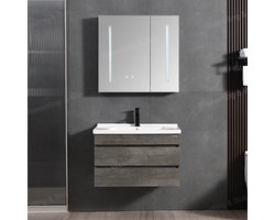 WEBO Badkamermeubel Set Paris 80cm - Grijs - Badmeubel met Spiegelkast met verlichting en Wastafel - Inclusief zwarte kraan en afvoer