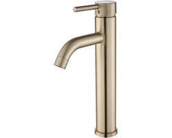 WEBO Hoge Design Wastafelkraan Toiletkraan Mediance 30 cm Messing - Waterbesparend – Gebogen – Mengkraan Koud en Warm – Mat Goud Geborsteld