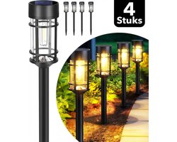 Webzon Solar Tuinverlichting Set van 4 (7x46 cm) - Solar Priklamp op Zonne-energie - Filament LED Warm Wit - 8–10 uur gebruikstijd - Buitenlamp / Tuinlamp / Padverlichting - Lantaarn voor buiten - IP65 Waterdicht - Zwart