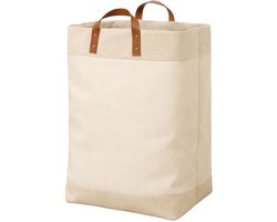 Webzon – Wasmand – Wasmanden – Wasmand inklapbaar – Opvouwbare Wasmand – 30 × 35 × 55 cm – Engels design – Jute stof met leren handvatten – Opbergmand – Opvouwbaar en ruimtebesparend – Glanzend beige
