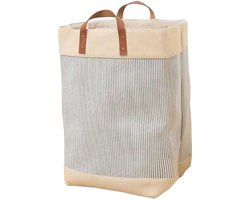 Webzon – Wasmand – Wasmanden – Wasmand inklapbaar – Opvouwbare Wasmand – 30×35×55 cm – Engels design – Jute stof met leren handvatten – Opbergmand – Opvouwbaar en ruimtebesparend – Creme-grijs