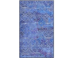 Wecon home - Louis - Badmat - 70x120 cm - blauw - Douchemat Vintage Look – Plat Geweven Oriëntaals Ornament Patroon – Klassiek & Stijlvol – Wasbaar en Antislip