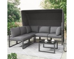 Weerbestendig en roestvast! 4-delige grijs ijzeren tuin lounge stoel set — tafel met luifel + inclusief alle kussens, speciaal voor balkon / kleine tuin / terras, perfect voor buitenhigh tea / vriendenkringontmoeting