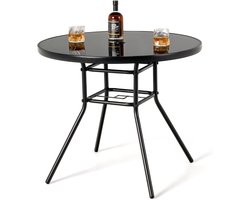 Weerbestendige Metalen Tuintafel – 86 cm met Glazen Blad en Parasolgat, Ideaal voor Balkon en Terras