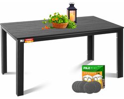 Weerbestendige Tuintafel, 156 x 78 cm, voor 6 Personen, Eettafel met Stalen Frame en Kunststof Houtlook, Inclusief 6 Vilten Onderzetters