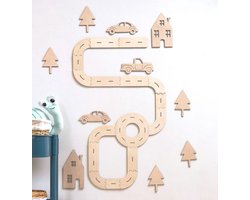 Wegbaan met auto's, transportmuurdecoratie, houten puzzel, jongensspeelkamerdecoratie, kinderkamer, wanddecoratie, kinderkamerdeoratie, babykamer
