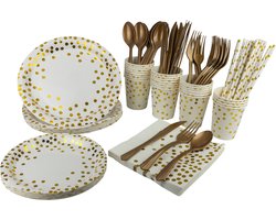 Wegwerp Servies - feestservies - 25 personen - herbruikbaar bestek - wit/goud
