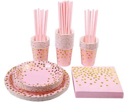 Wegwerp Servies Set 25 personen - Borden en Bekers Feestartikelen - 25 Gasten – roze goud - Feestservies