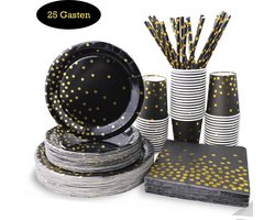 Wegwerp Servies Set 25 personen - Borden en Bekers Feestartikelen - 25 Gasten – zwart goud - Feestservies