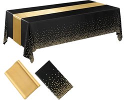 Wegwerp Tafelkleed 1x -Tafelloper 1x – Tafelzeil – Tafelkleden – Tafelkleed buiten – Plastic Tafelkleed – Tafelkleed Feest - Tafelkleed buiten rechthoekig – 274x137cm – Feest Decoratie – Zwart/Goud - Gender Reveal
