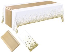 Wegwerp Tafelkleed 1x -Tafelloper 1x – Tafelzeil – Tafelkleden – Tafelkleed buiten – Plastic Tafelkleed – Tafelkleed Feest - Tafelkleed buiten rechthoekig – 274x137cm – Feest Decoratie – Wit/Goud - Gender Reveal