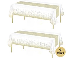 Wegwerp Tafelkleed 2x – Tafelzeil – Tafelkleden – Tafelkleed buiten – Plastic Tafelkleed – Tafelkleed Feest - Tafelkleed buiten rechthoekig – 274x137cm – Feest Decoratie – Wit/Goud - Gender Reveal