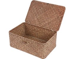 Weidenrekkenmanden met deksel, zeegras, opbergmand, bak, rechthoekig, handgeweven, voor rekken, bureau, thuisorganisatie (Koffie, Medium)