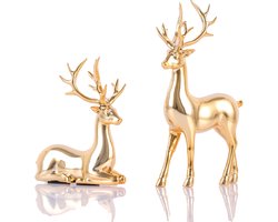 Weihnachtsdeko Rentier Figuren - Kerstrendieren Beelden - Binnenhuis Decoratie - Natuurgetrouwe Details - Robuuste Constructie - Kunststof - Gouden Matte Afwerking - Veelzijdige Plaatsing - 2 Stuk