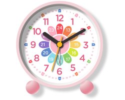 Wekker voor kinderen, jongens en meisjes, analoge wekker zonder tikken, leren wekker met nachtlampje, snooze, digitaal, voor slaapkamer (roze)