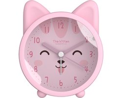 Wekker voor kinderen - Leuke dieren katjes wekker - stille, niet-tikkende siliconen klok - Met nachtlampje - geschenken voor kinderen - rose